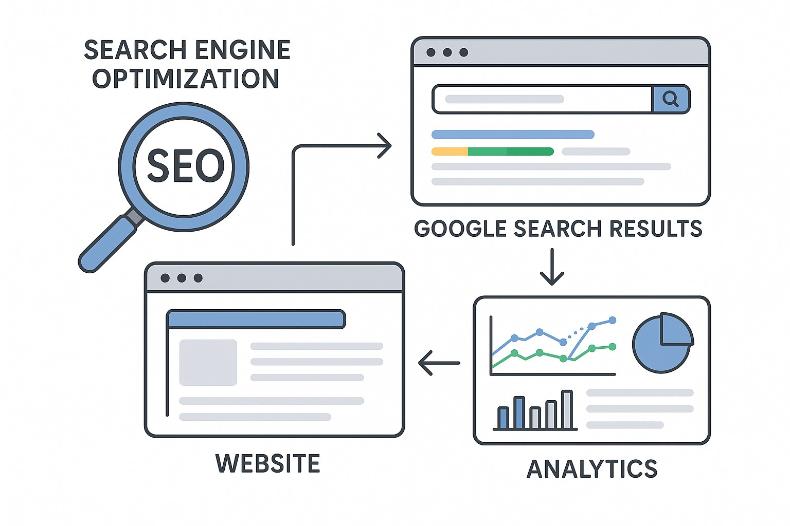 Representación visual de un Balanced Scorecard con las cuatro perspectivas interconectadas, mostrando objetivos y KPIs