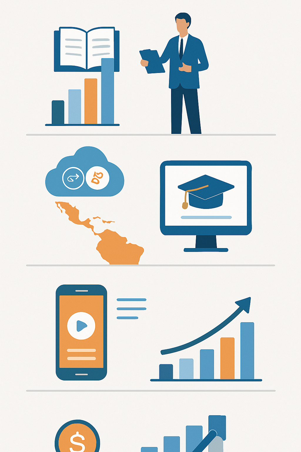 Infografía: 5 pilares de la capacitación corporativa elearning exitosa en LATAM — diseño instruccional, tecnología SCORM/xAPI, plataforma LMS Moodle, microlearning y medición de ROI.