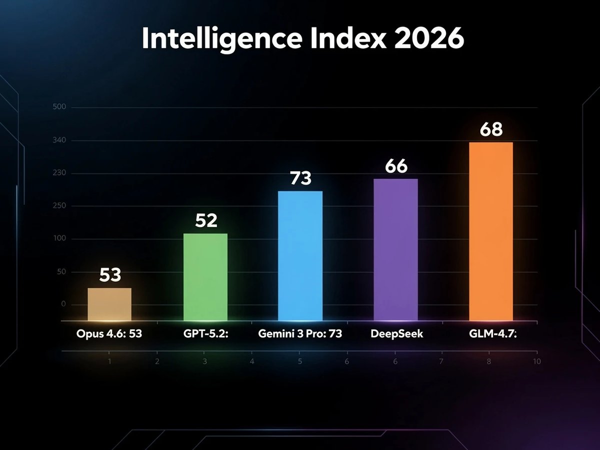 Intelligence Index 2026 - Benchmarks: Opus 4.6 (53), GPT-5.2 (52), Gemini 3 Pro (73), DeepSeek (66), GLM-4.7 (68)