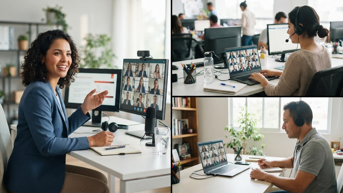 Composici&oacute;n de tres escenas de una clase virtual corporativa en vivo: una instructora presentando frente a c&aacute;mara con diapositiva y grilla de participantes, una empleada siguiendo la sesi&oacute;n con auriculares desde una oficina abierta y un empleado tomando notas desde su escritorio en casa.