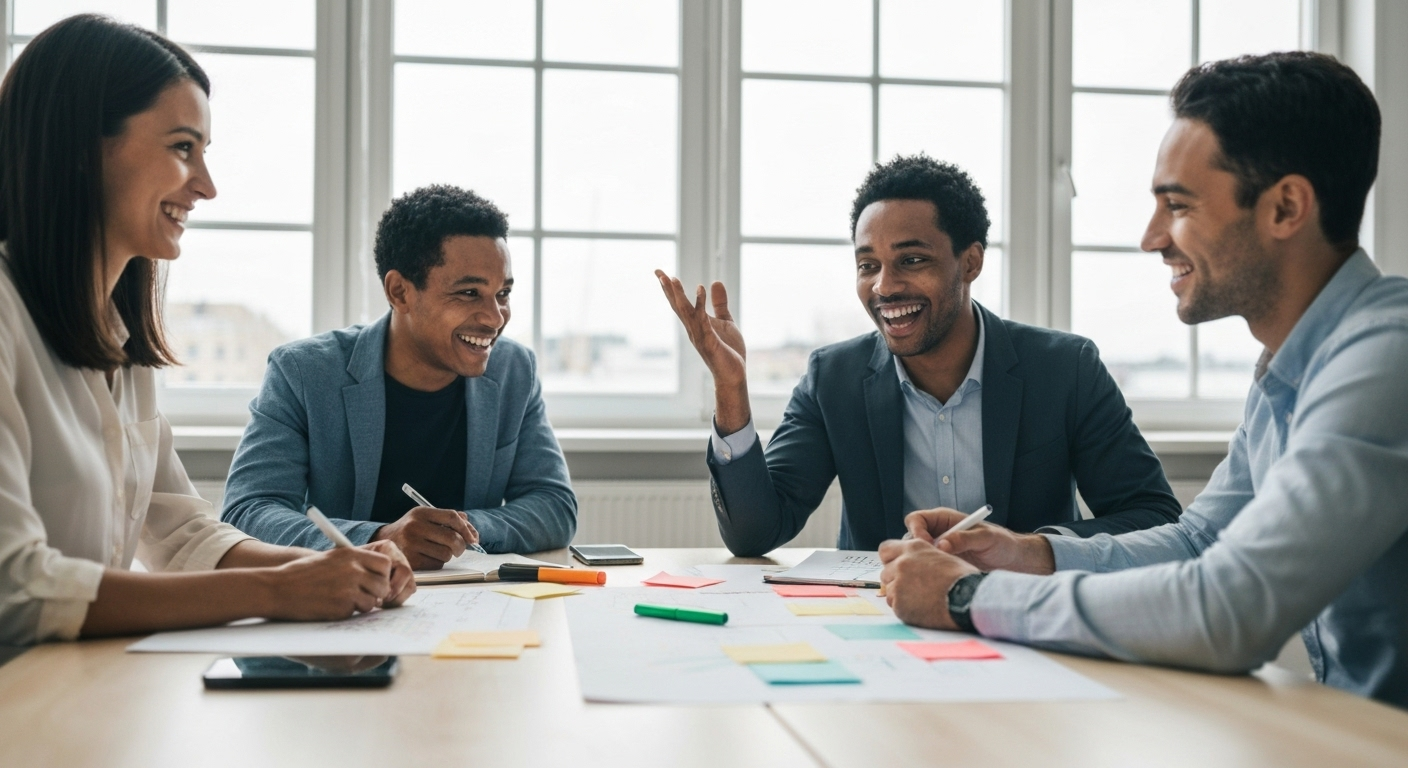 Diverse team collaborating happily in a modern office with post-it notes and markers.