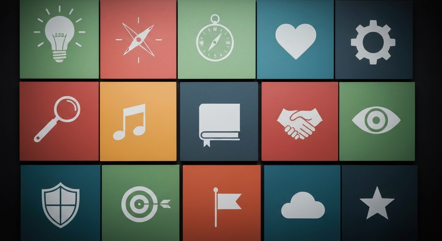 Graphic showing a 4x4 grid of colored squares, each with a unique personality icon.