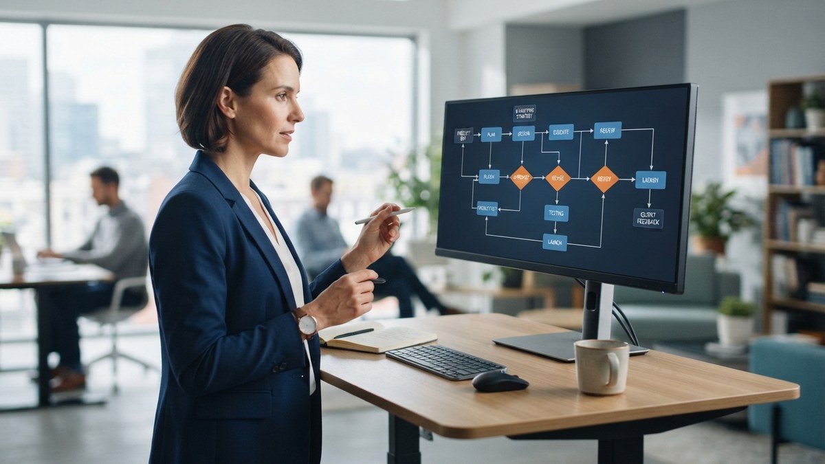 Diagrama de flujo de trabajo empresarial en una pantalla, representando un proceso de negocio modelado en un software BPM
