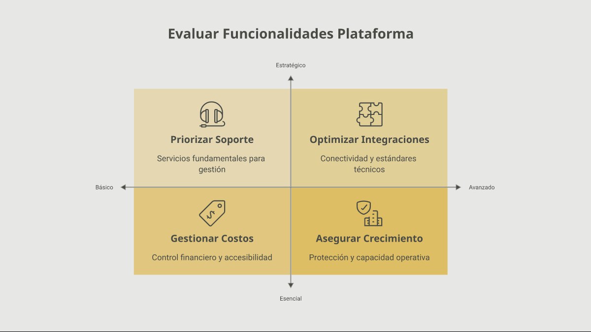 Infograf&iacute;a que resume los criterios de comparaci&oacute;n entre plataformas LMS corporativas con &iacute;conos de l&iacute;nea y etiquetas cortas.