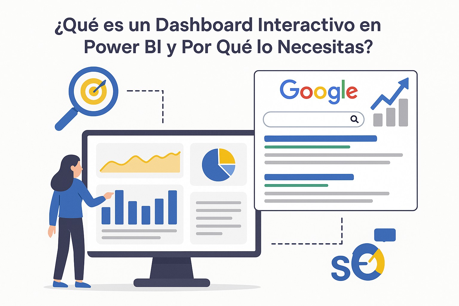 Analista de datos interactuando con un dashboard de Power BI en una tablet, explorando métricas de negocio