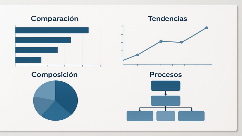 Diapositiva de PowerPoint mostrando cuatro tipos de gráficos: barras horizontales para comparación, líneas para tendencia, circular para participación y SmartArt para proceso